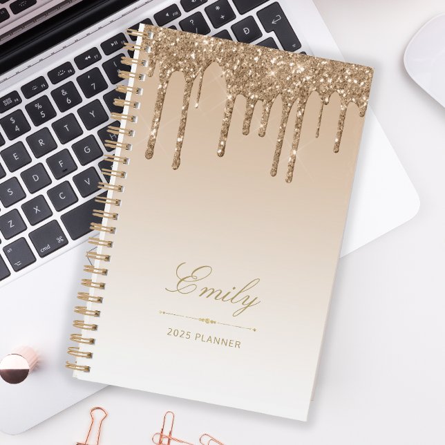 Agenda Luxo Chic Brilho Drips Dourado 2025 (Criador carregado)