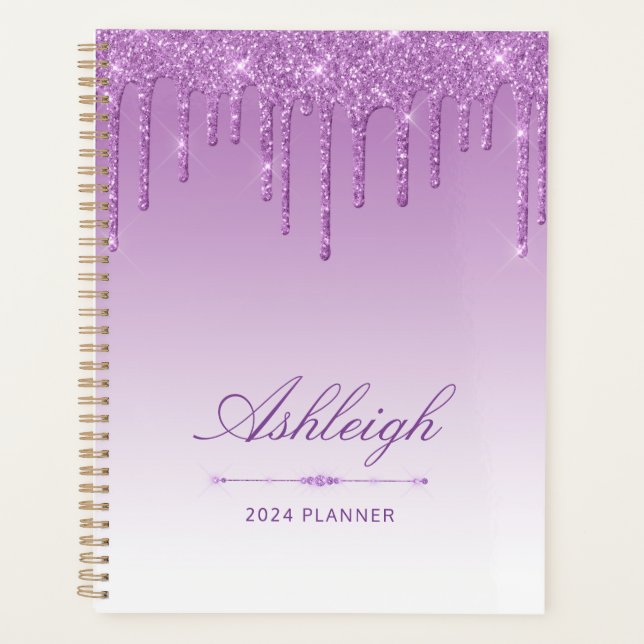 Agenda Luxo Chic Brilho Gotas Roxas 2024 (Frente)
