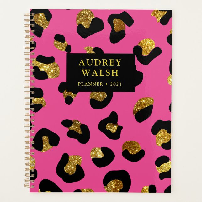 Agenda Luxo de Impressão de Fuchsia Leopard Dourada com b (Frente)