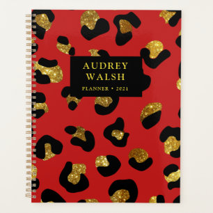 Agenda Luxo de impressão vermelho-leopardo Dourado com b