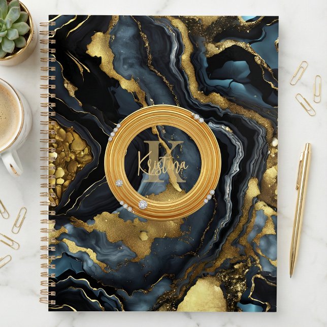 Agenda Luxury Glam Black Blue Gold Agate Marble Monogram (Criador carregado)