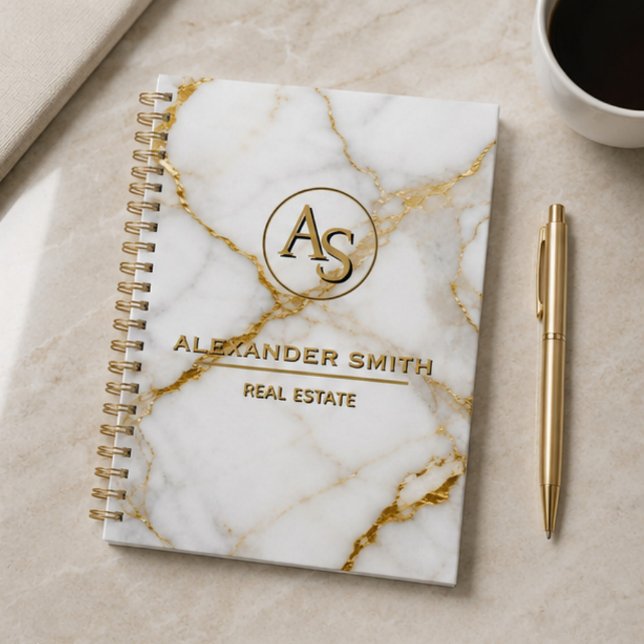 Agenda Luxury White Marble Gold Monogram Real Estate  (Criador carregado)