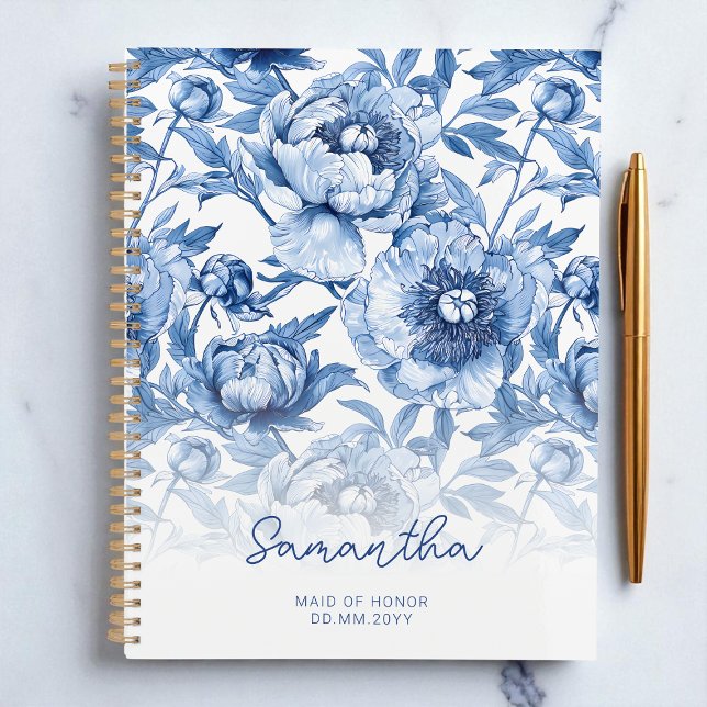 Agenda Madrinha de casamento de Script de Padrão Flor Azu (Floral Blue Flower Pattern Script Maid of Honor Planner)
