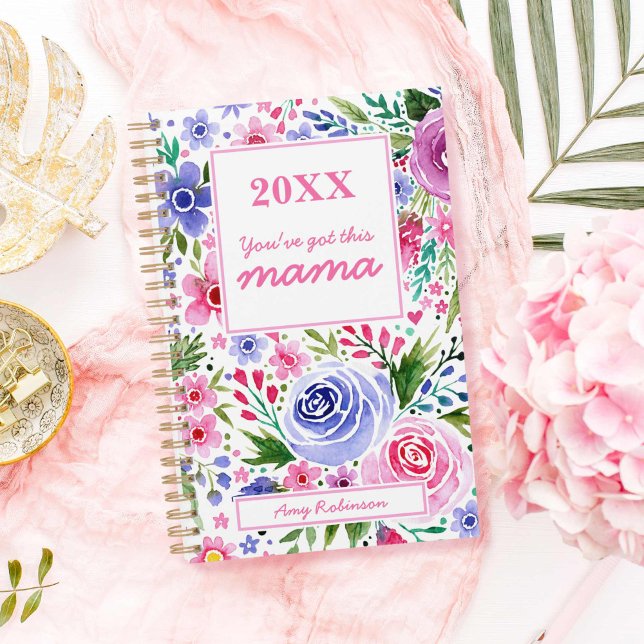 Agenda Mãe Cor d'água, Rosa e Púrpura, Patttern (Mom Watercolor Pink and Purple Floral Patttern Planner)