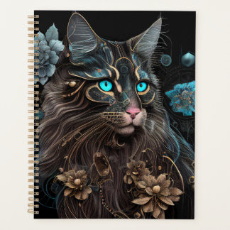 Agenda Magia steampunk Maine Coon cat e flores Arte AI
