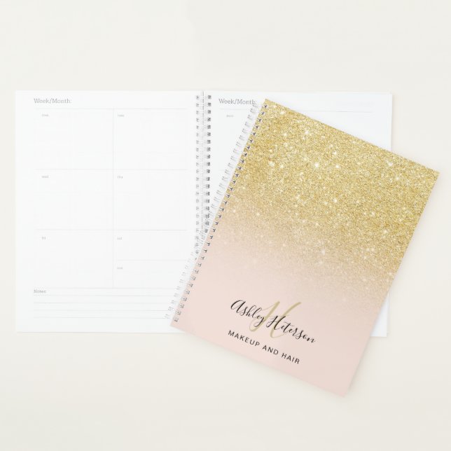 Agenda Makeup monograma blush chic gold glitter script (Exibição)