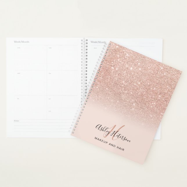 Agenda Makeup monograma blush rosa dourado script glitter (Exibição)
