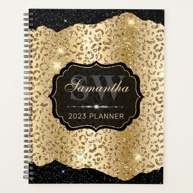 Agenda Manchas de leopardo dourado elegante & Monograma d (Frente)