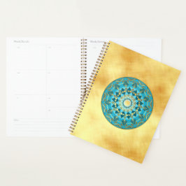 Agenda Mandala azul dourado em Fundo de Ouro Suave