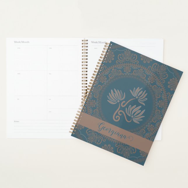 Agenda Mandala de Ponto de Lótus Rococó Teal Dourado Pers (Exibição)