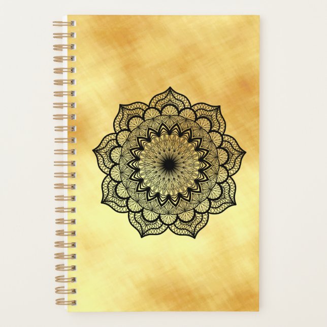 Agenda Mandala Preto em Fundo Dourado Suave (Frente)