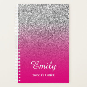 Agenda Mão-de-relha rosa quente e prateada personalizada