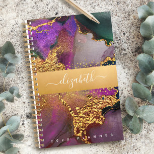 Agenda Marble watercolor dourado, roxo, verde