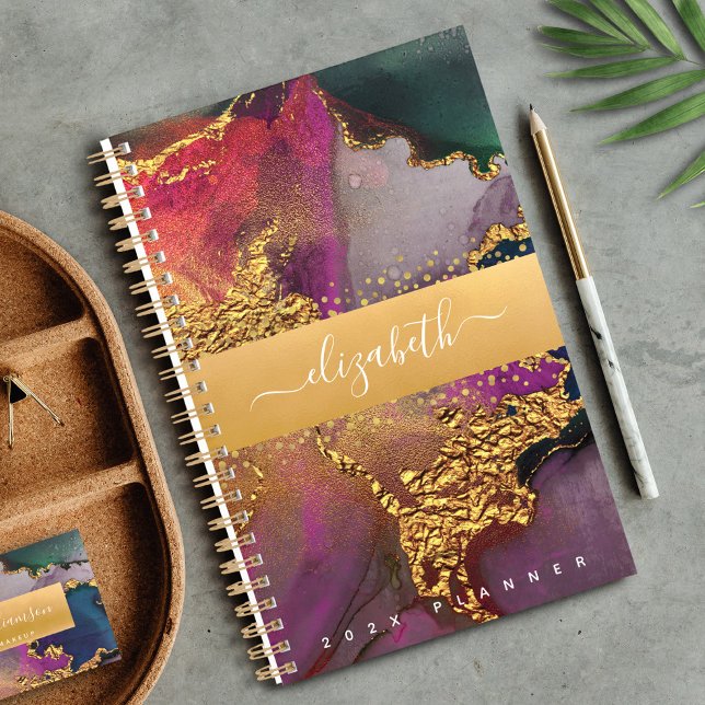 Agenda Marble watercolor dourado, roxo, verde (Criador carregado)