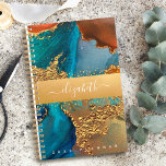 Agenda Marble watercolor gold turquoise orange<br><div class="desc">Uma banda de folha de ouro esparsa e falsa com seu nome de tipografia de script sobrepõe um rico, veado dourado, azul turquesa e fundo de cor de água laranja amarela neste planejador anual chic, elegante, moderno e personalizado. Personalize com seu nome. Este planejador é fornecido em 2 tamanhos: pequeno...</div>