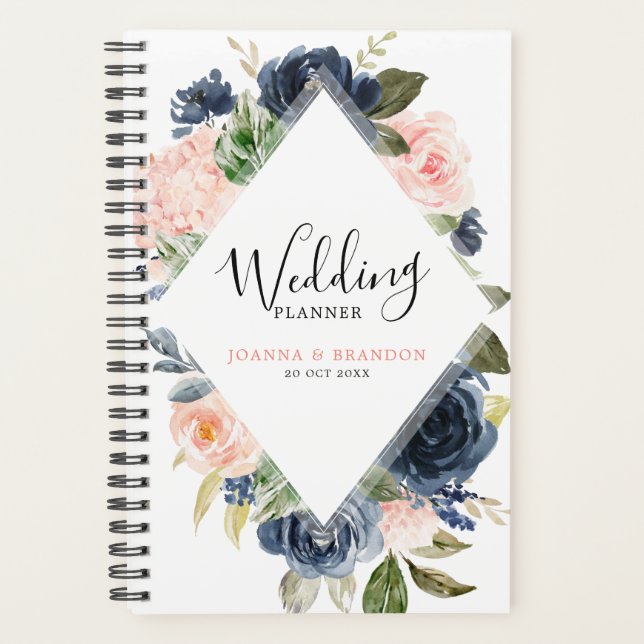 Agenda Marinho Azul Blush Rosa Rosa Boho Casamento (Frente)