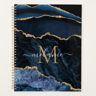 Agenda Marinho Azul Dourado Marble Personalizado Letra Na