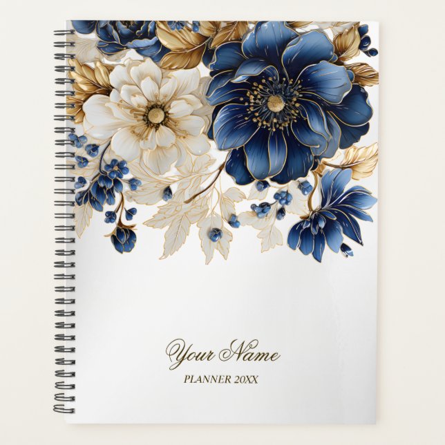 Agenda Marinho Azul Ouro Branco Prata Floral (Frente)