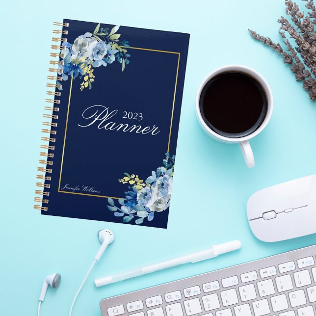 Agenda Marinho Blue Dourado Floral Elegante Personalizado (Criador carregado)