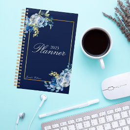 Agenda Marinho Blue Dourado Floral Elegante Personalizado