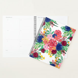 Agenda Marinho Blue e Red Watercolor Boho Chic Flowers