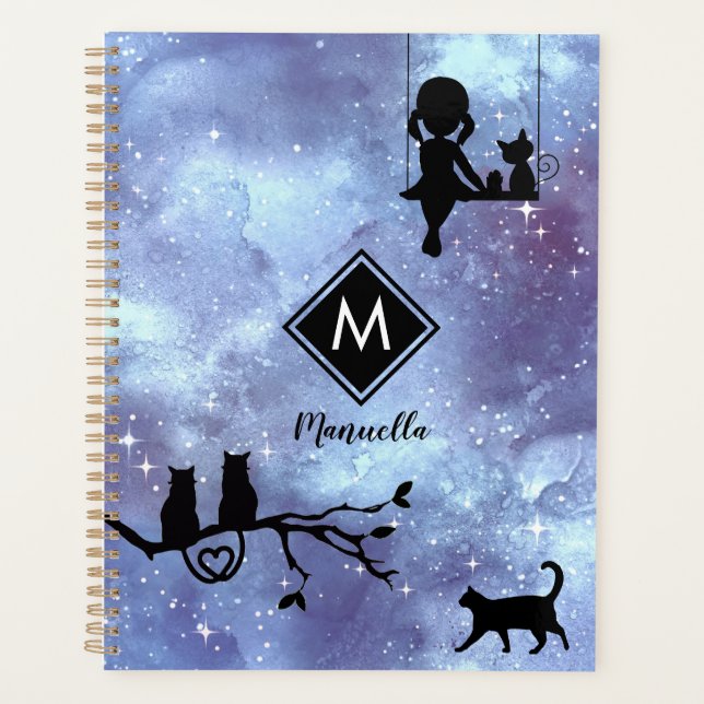 Agenda Marinho Blue Watercolor Galaxy Girl Personalizável (Frente)