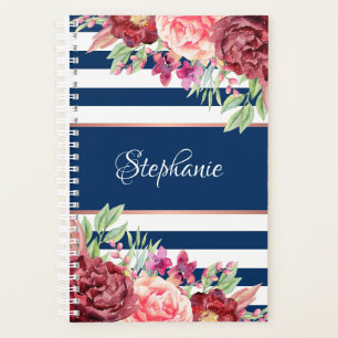 Agenda Marinho Borgonha Floral Monograma com tiras