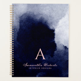 Agenda Marinho Chic Blue Watercolor Blush Monograma Rosa