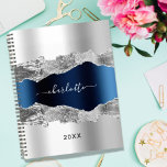 Agenda Marinho de prata azul-agate marble name elegant 20<br><div class="desc">Mal prata e marinho azul de metal e agate,  impressão de pedra mármore como fundo Personalize e adicione seu nome. O nome é escrito com um moderno estilo escrito à mão.</div>