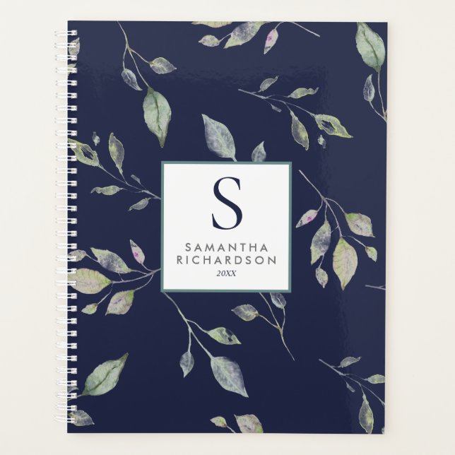 Agenda Marinho e Verde Folhas Botânicas Monograma de Aqua (Frente)