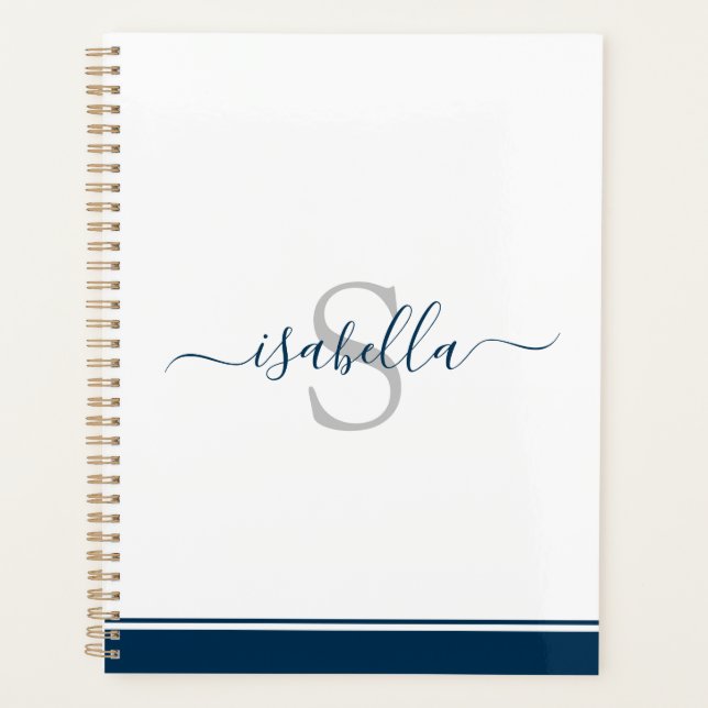 Agenda Marinho Elegante Moderno com Script Monograma Azul (Frente)