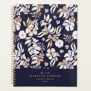 Agenda Marinho floral, monograma de ouro, outono
