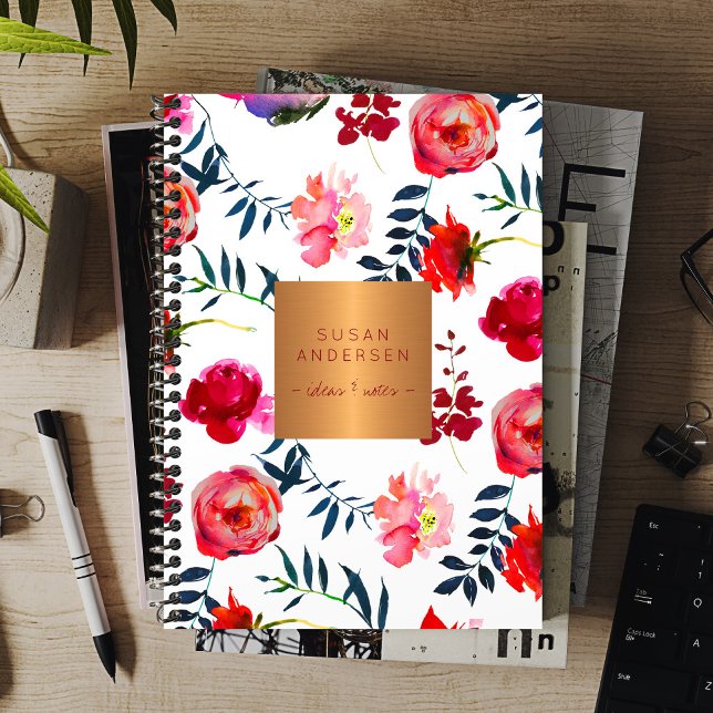 Agenda Marinho vermelho floral elegante rosa de ouro metá (Criador carregado)
