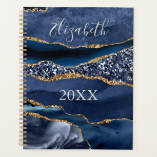 Agenda Mármore Ágata Nome Monogramado Dourado Azul Brilho