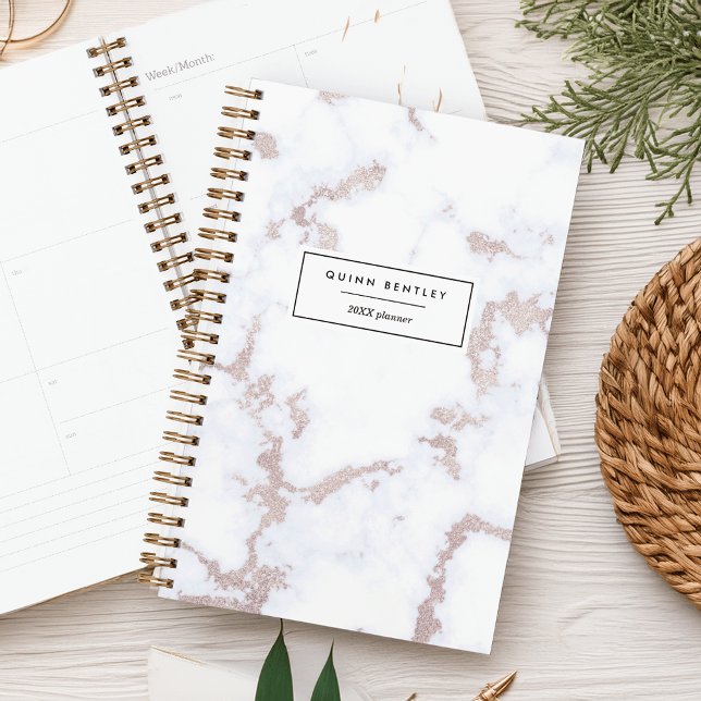 Agenda Mármore Dourado de Rosa Chic Personalizado (Criador carregado)