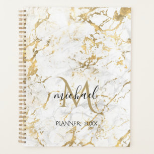 Agenda Mármore Dourado e branco com monograma preto