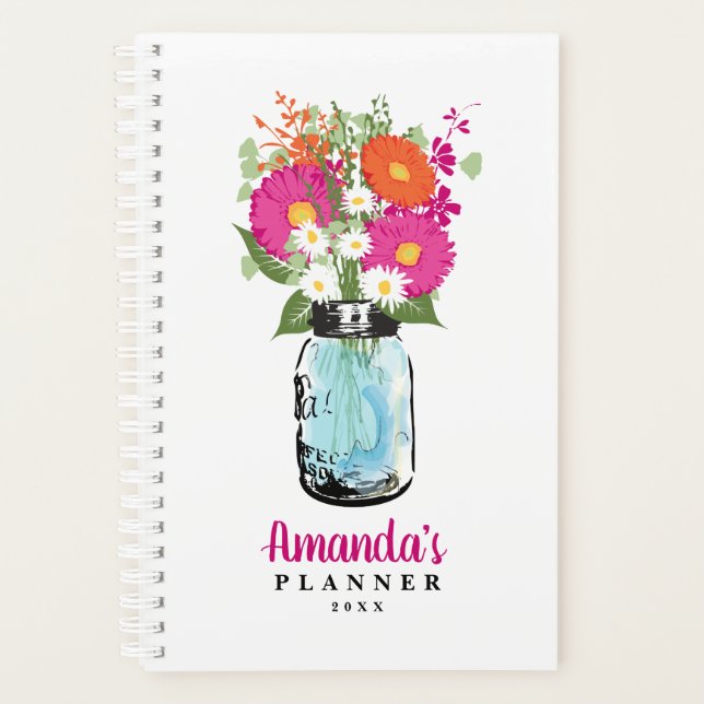 Agenda Mason Jar Fuchsia Pink Orange Gerber Daisies (Frente)