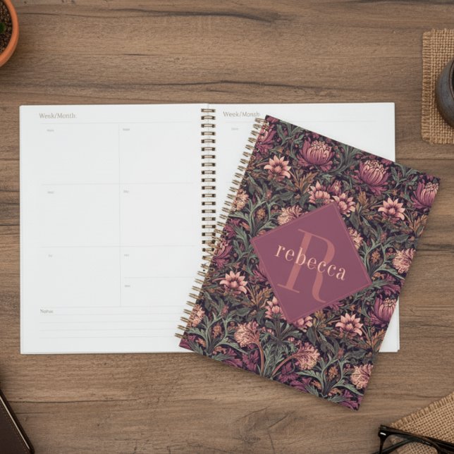Agenda Mauve Green Floral William Morris Elegant Monogram (Criador carregado)