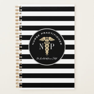 Agenda Médico de Enfermeira Monograma Branco Preto-Preto