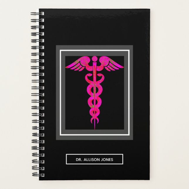 Agenda Médico Médico Preto, Caduco Rosa Personalizado (Frente)