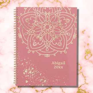 Agenda Meditação Rosa Rosa Dourada de Mandala Personaliza