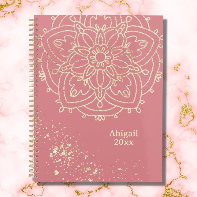 Agenda Meditação Rosa Rosa Dourada de Mandala Personaliza (Criador carregado)