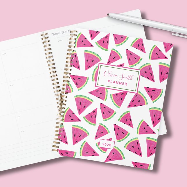 Agenda Melancia Padrão de Fruta de Verão (Pink watermelon tropical fruit planner with custom text. Perfect for back to school or home office.)
