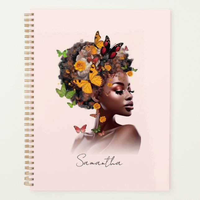 Agenda Melanina Magic: Cabelo Afro e Borboleta Colorida (Frente)