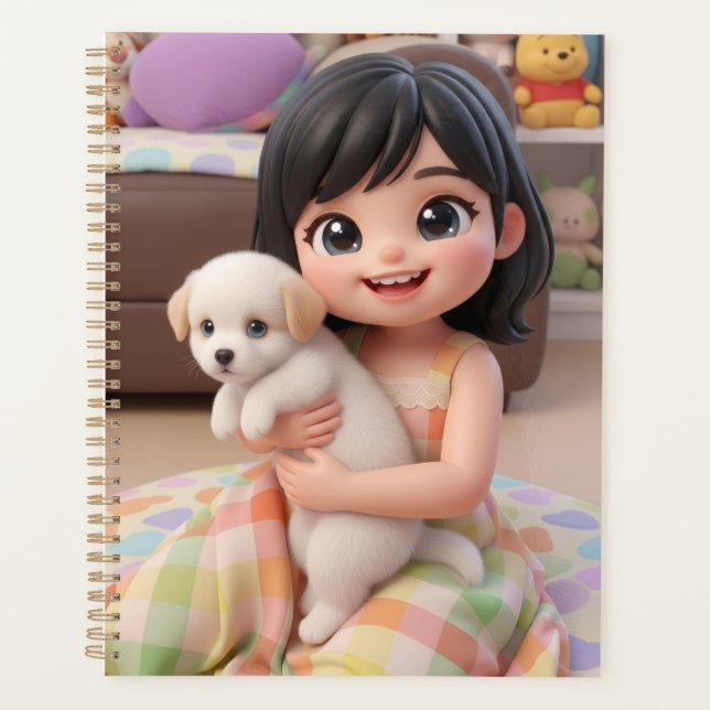 Agenda Menina Chibi Fofa Abraçando Cachorrinho Branco Pla (Frente)