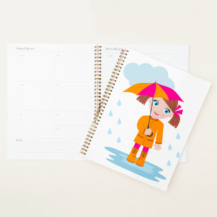 Agenda Menina com Guarda-chuva na Chuva Dia Chuvoso Infan