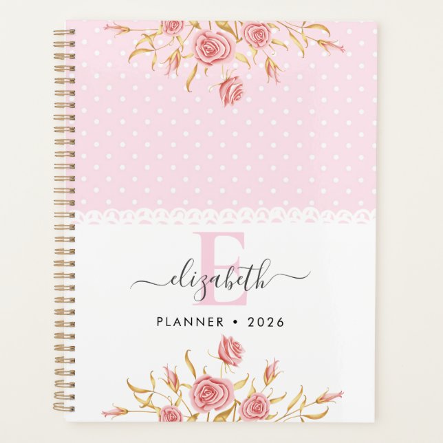 Agenda Menina Fofa Rosas Rosa Dourado (Frente)
