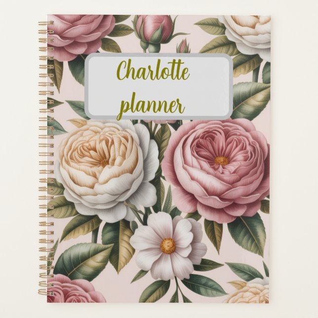 Agenda Meta de produtividade rosa personalizada Flor chic (Frente)