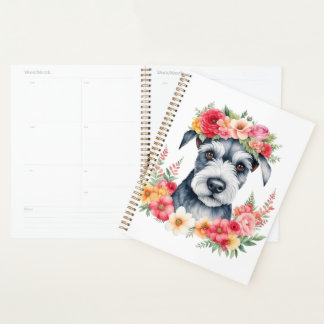 Agenda Mini Schnauzer Flores Cor-de-rosa Amarelo-Coroa