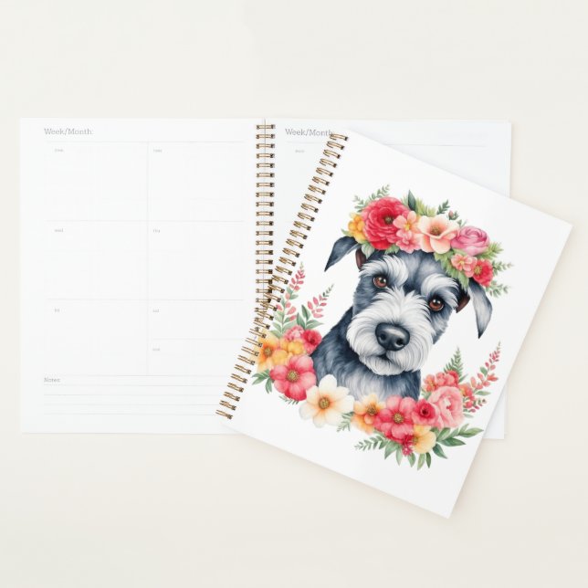 Agenda Mini Schnauzer Flores Cor-de-rosa Amarelo-Coroa (Exibição)